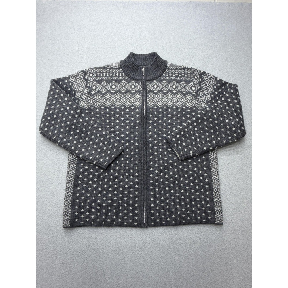 Vintage Lands End Mens Large Wool Nordic Fair Isle Full Zip Sweater Gray RN62830
